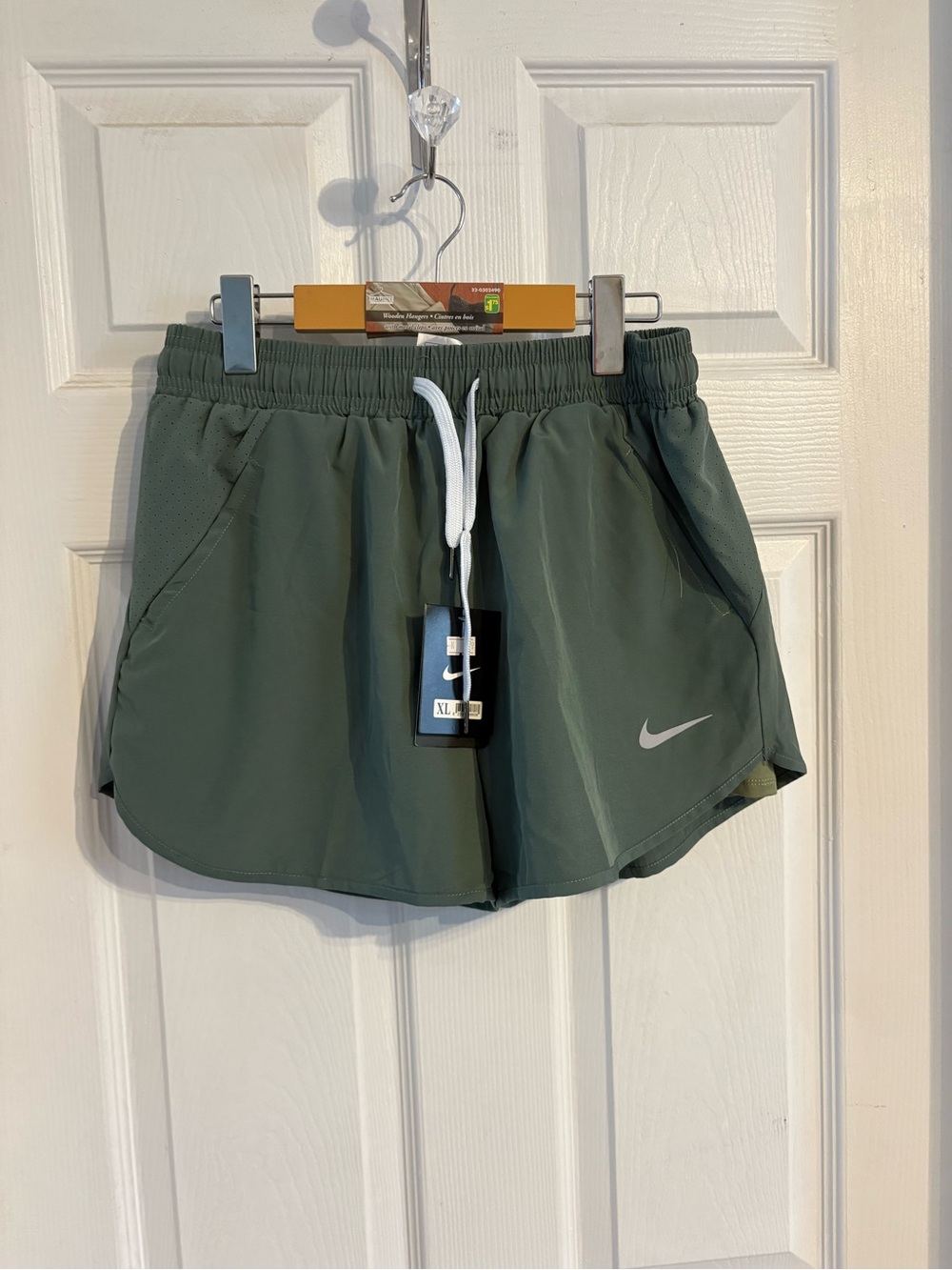 Nike Women’s Olive Athletic Running Shorts with White Drawstring